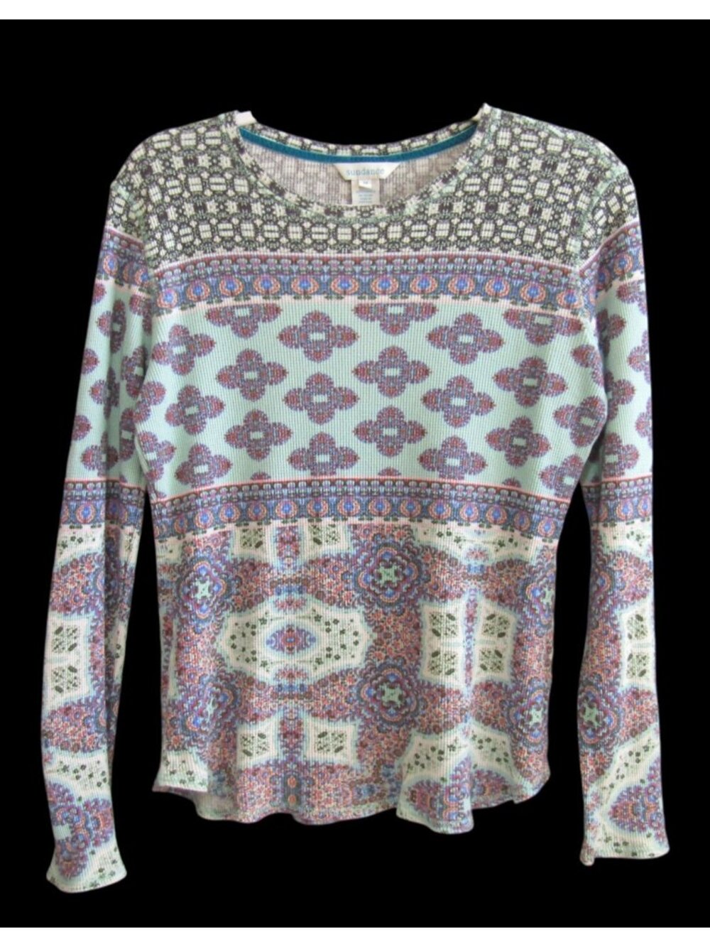 Sundance Thermal Waffle Knit Top Medium Mint Green Blue Multi Boho Festival